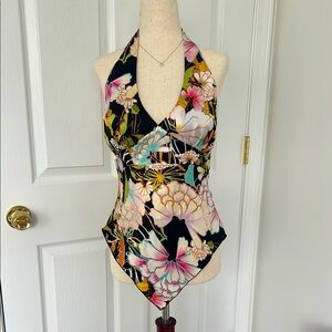 Cache Floral Halter Silk top open back sz 4 small